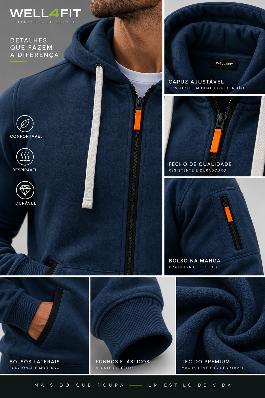 Hoodie Urban Zip Homem | WELL4FIT