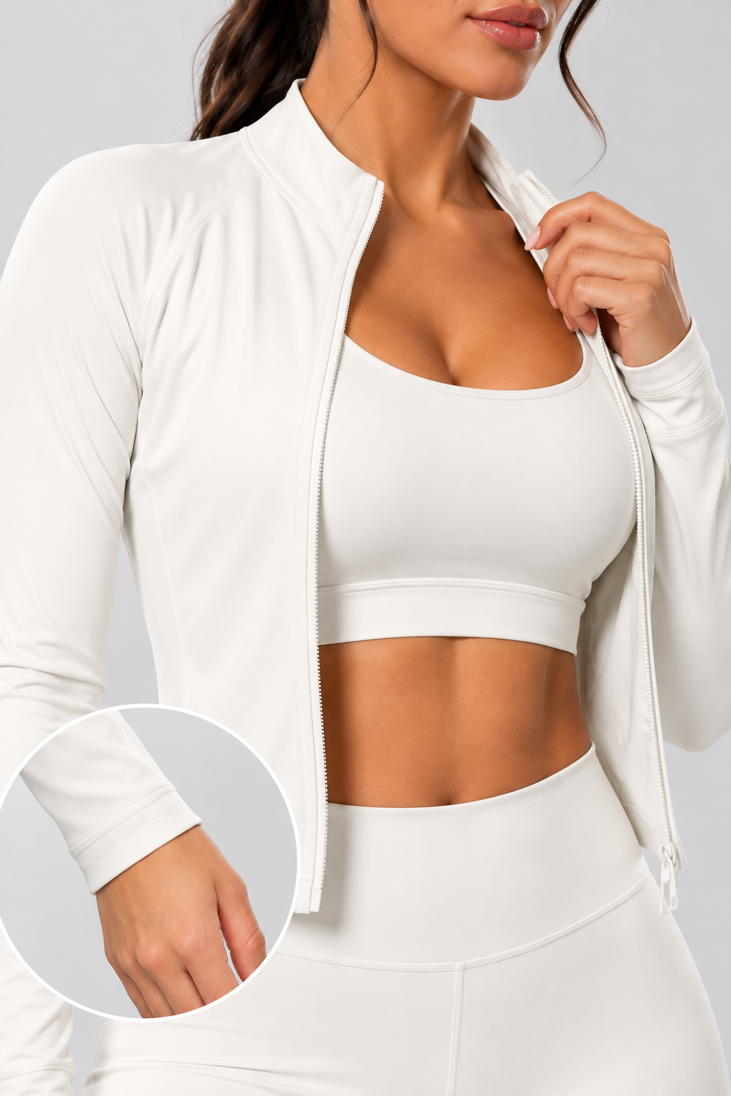 Detalhe do tecido, fecho e acabamentos do conjunto Active Sculpt