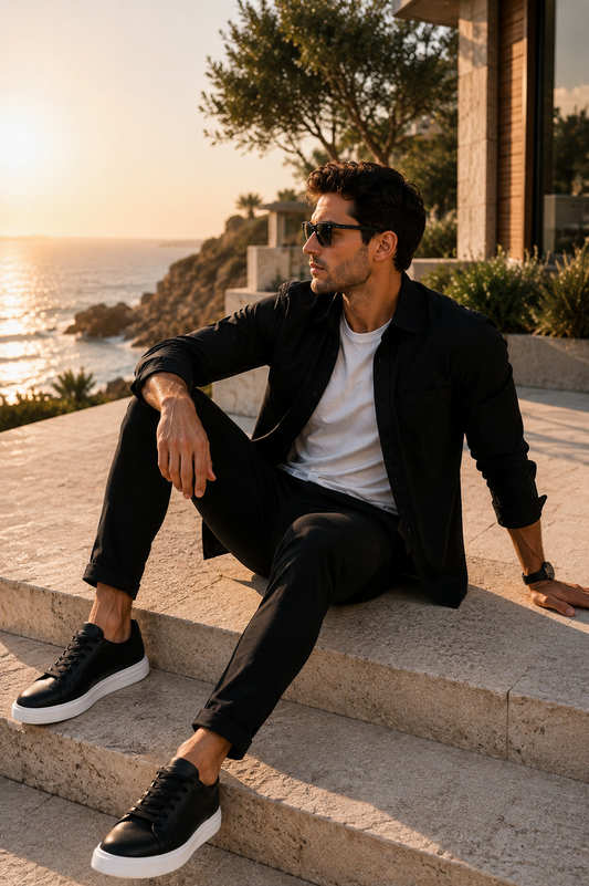 Sapatilhas_Urban_Elevate_pretas_em_look_casual_masculino