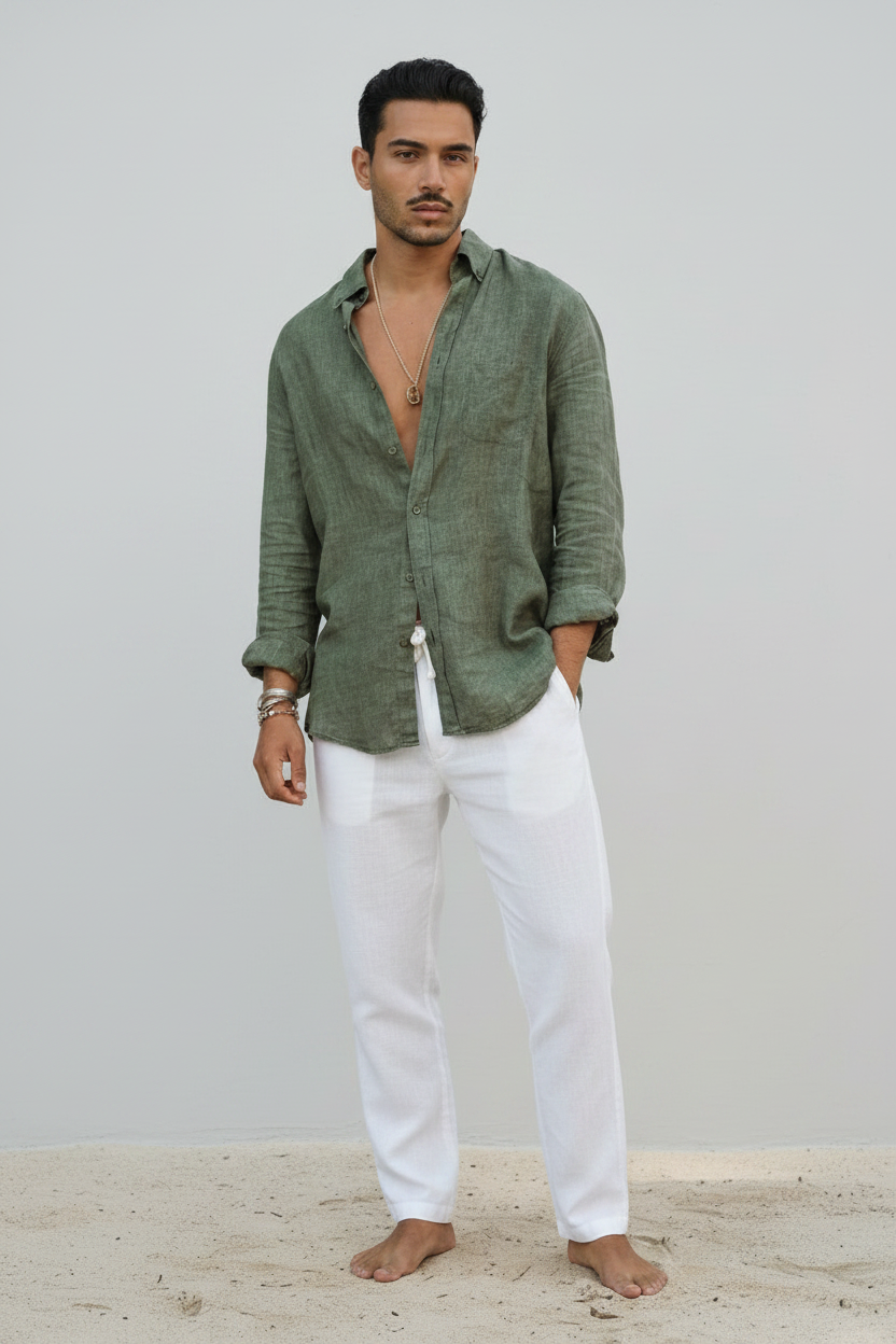 Camisa de Linho Verde com Calças Brancas