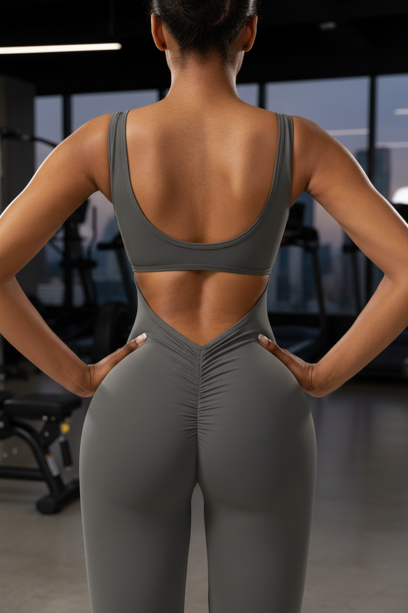Jumpsuit cinzento open back close up ginásio
