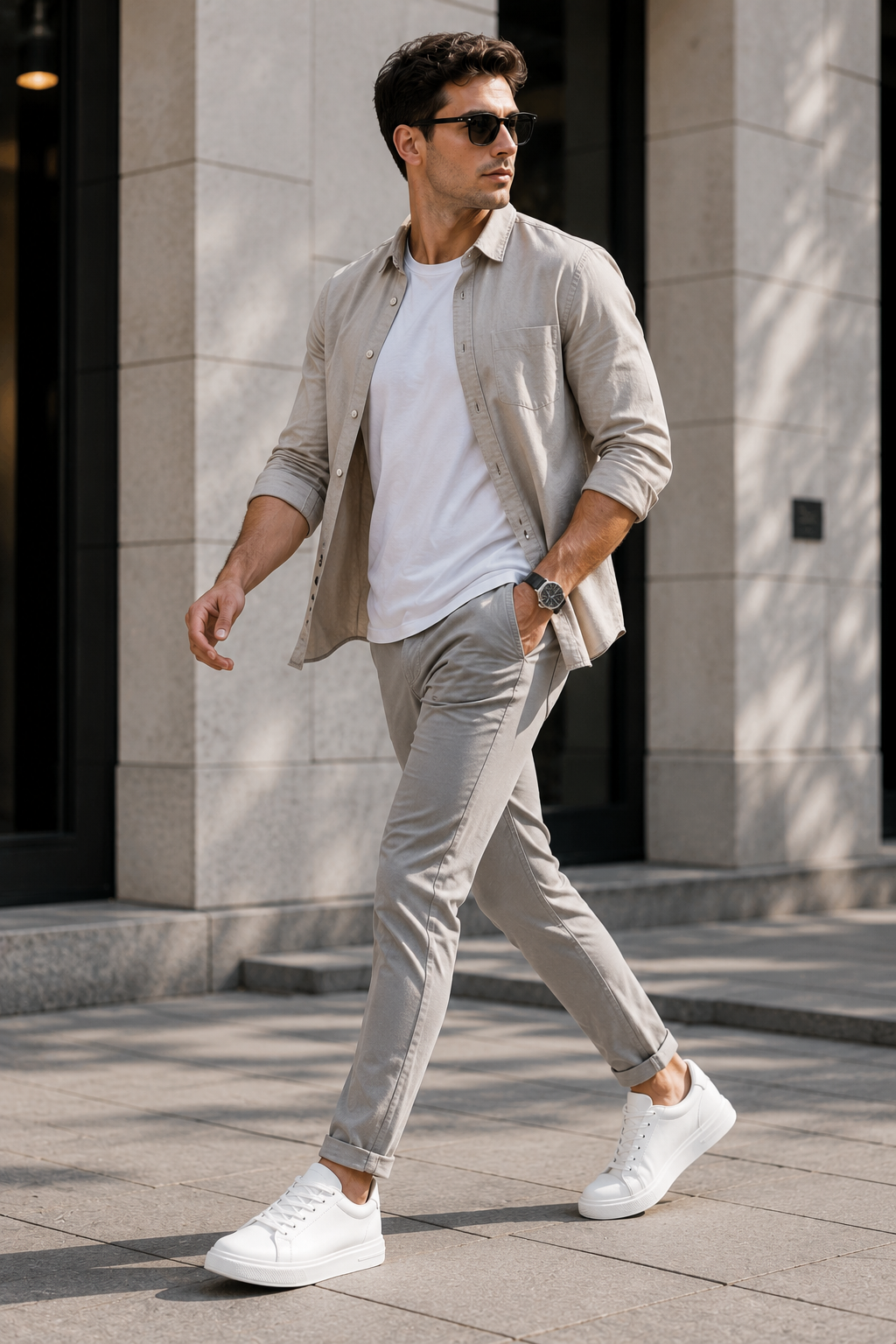 Sapatilhas Urban Elevate brancas em look casual masculino