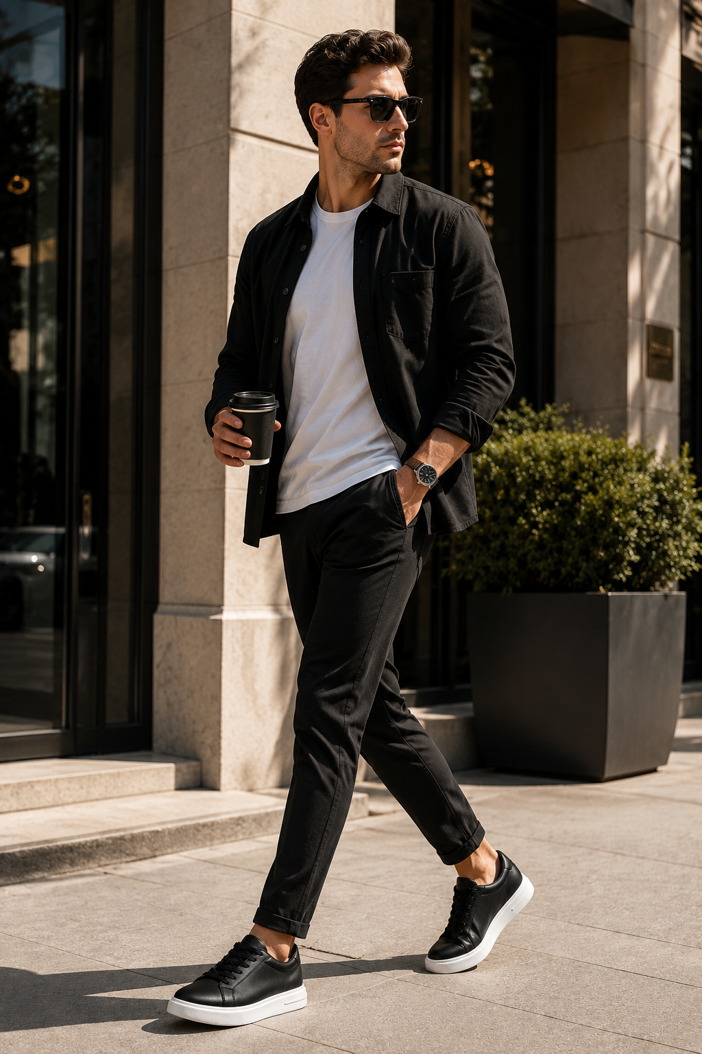 Sapatilhas masculinas em couro preto para estilo urbano